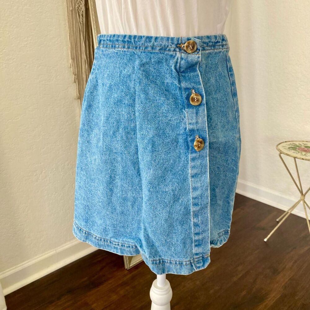 Vivaldi Paper Tag Made in USA Early 2000's Light Blue Jean Denim Wrap Mini Skirt - Picture 4 of 7